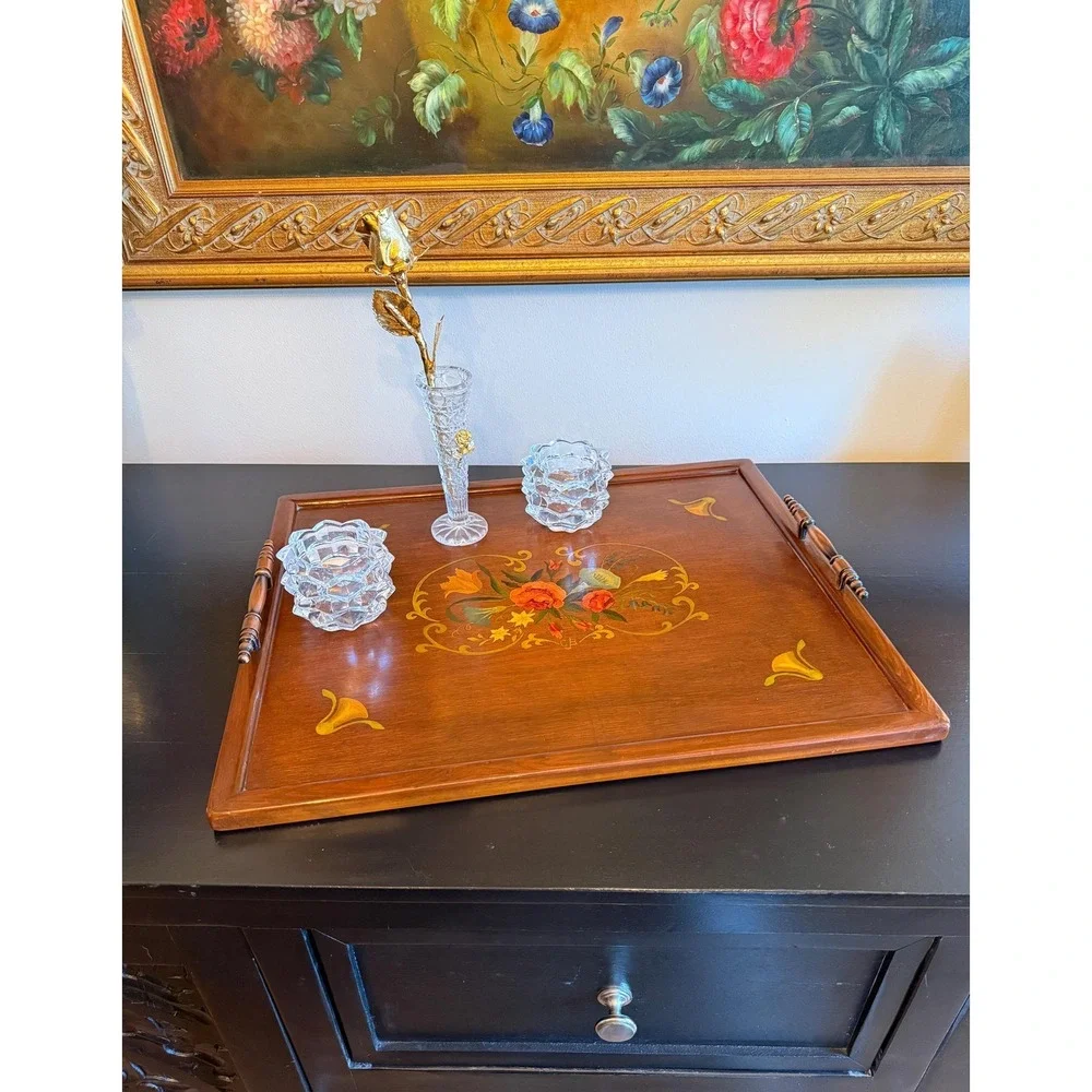 Vintage Hand Painted Floral‎ Wood Tray With Handles